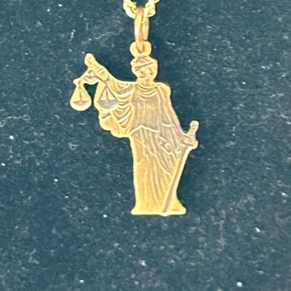 2/$20 Lady Justice, gold tone pendant & chain. 18” long. Lobster clasp. - Picture 13 of 14